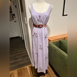 Vintage Embroidered Silk Lavender Floral Maxi Dress